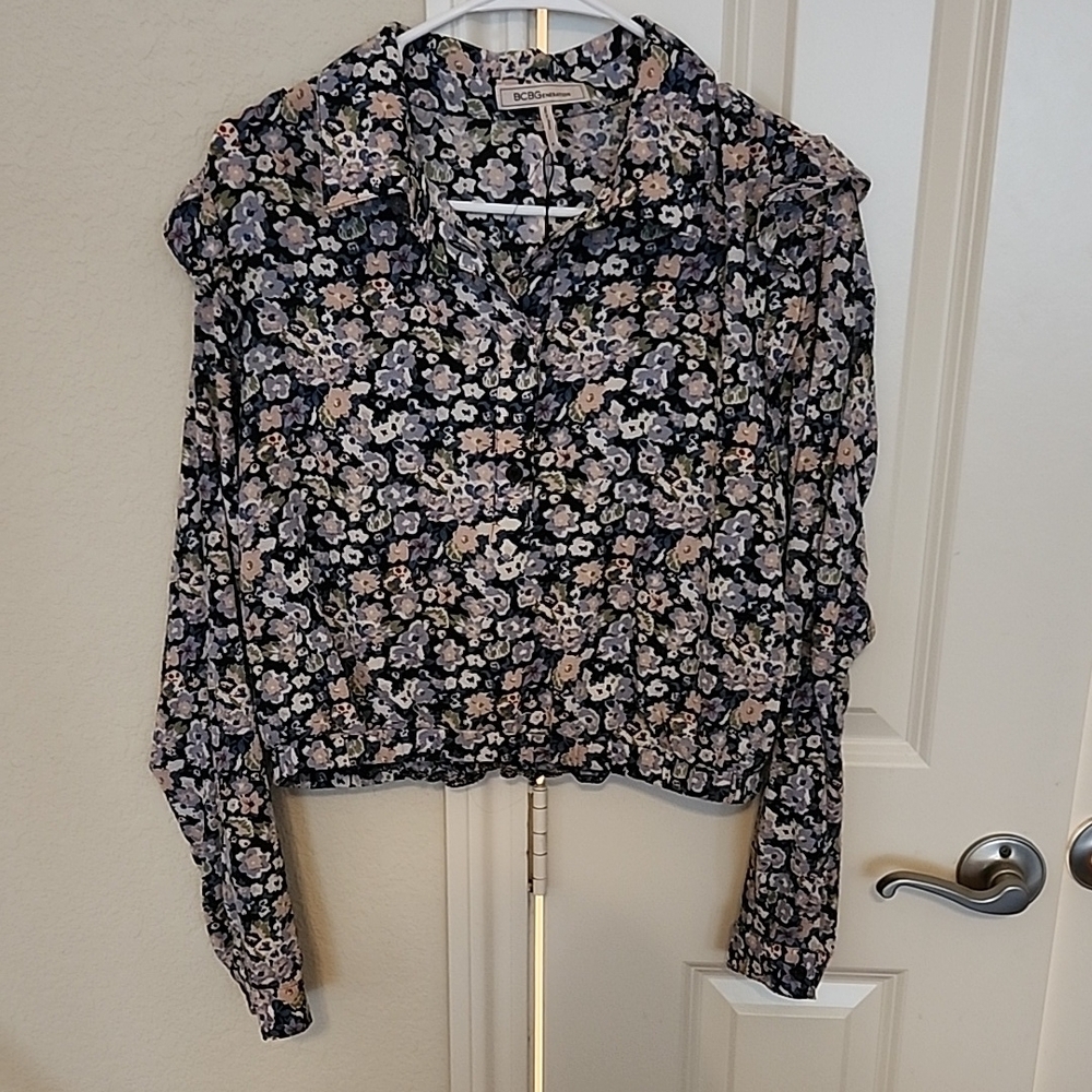 BCBGeneration Pink and Blue Turtleneck Long Sleeve Top
